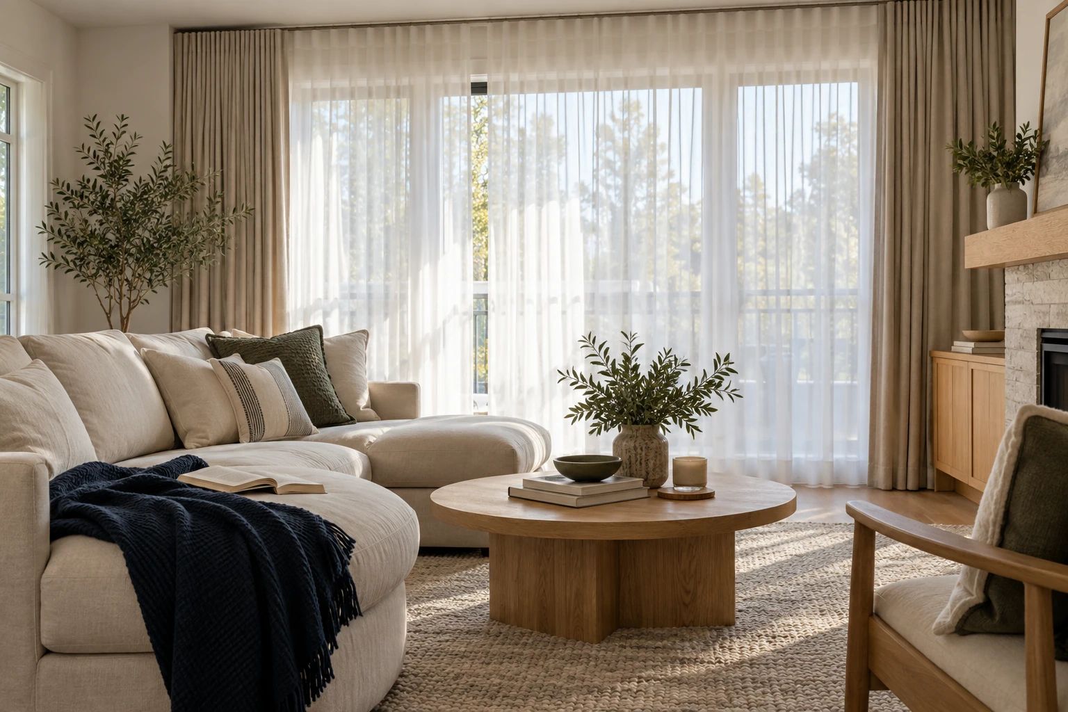 A comfortable living room with layered sheer curtains and custom drapery