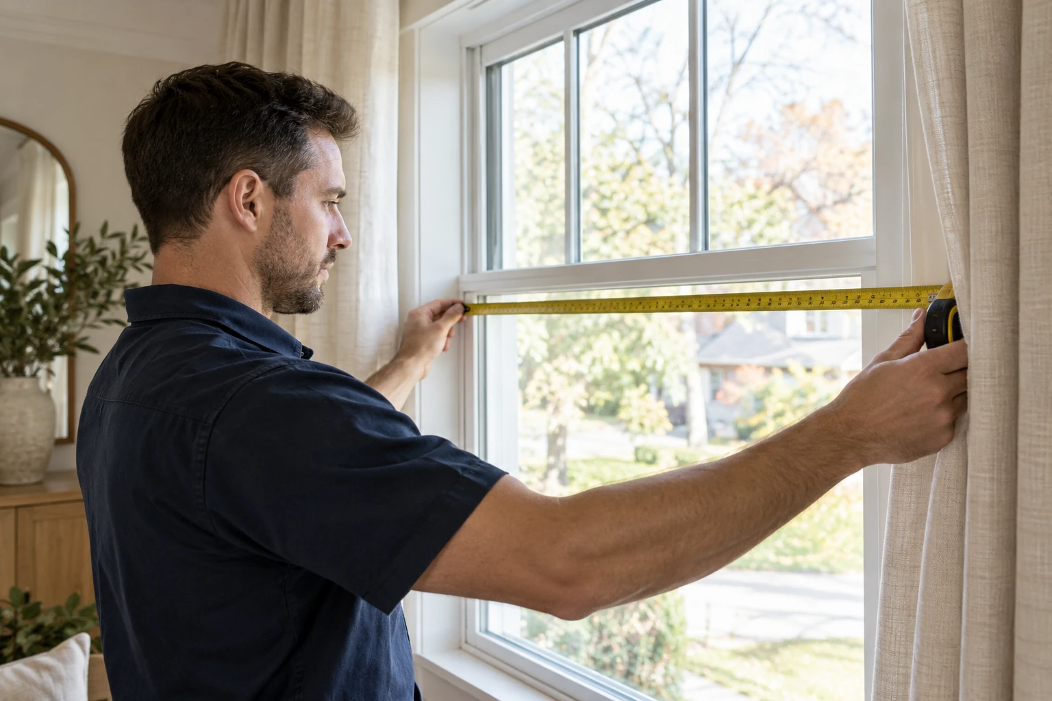 An installer carefully measuring a residential window for custom treatments