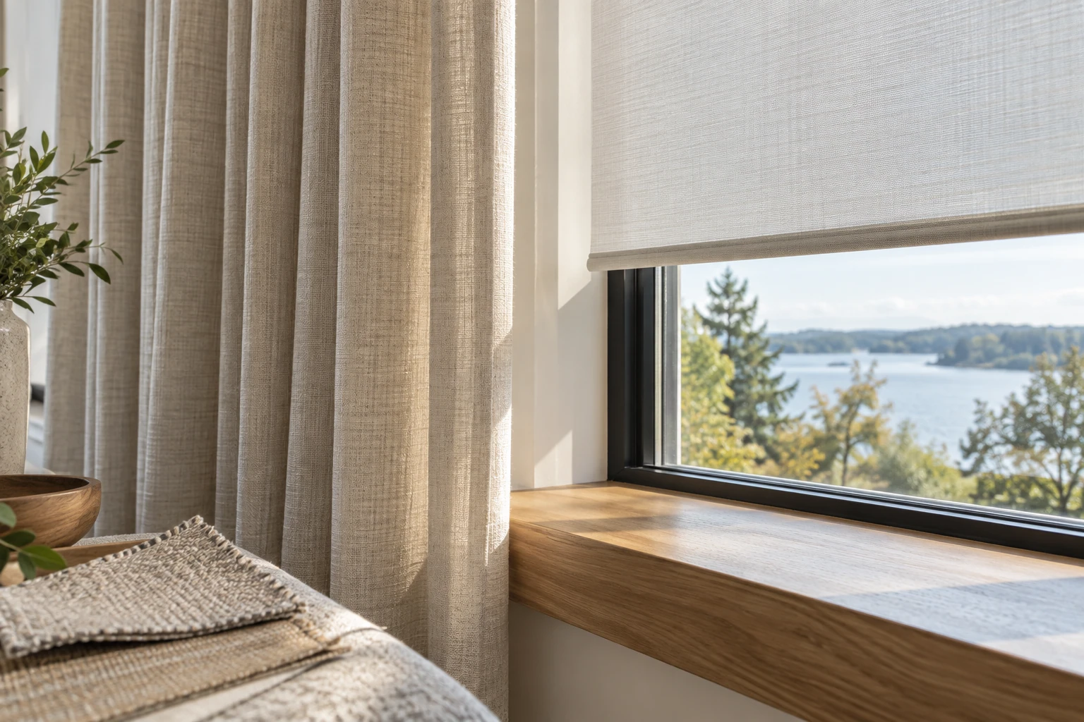 Detailed linen drapery and a tailored roller shade in natural window light