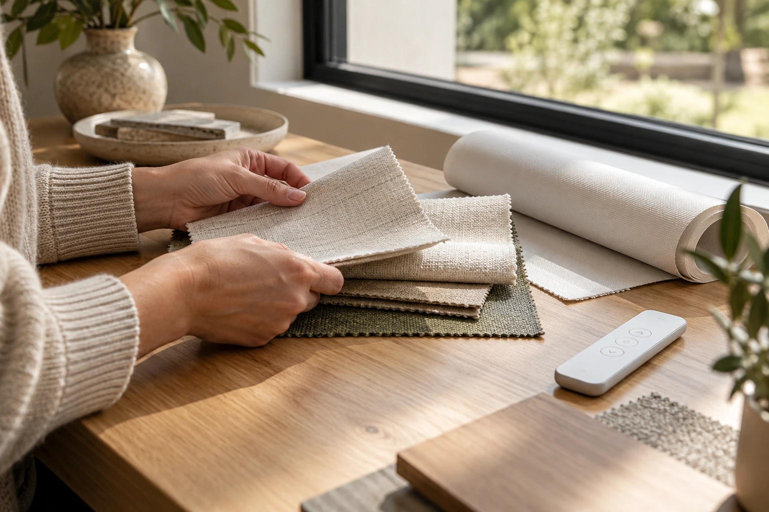 Comparing woven fabric samples and a motorized shade control beside a window