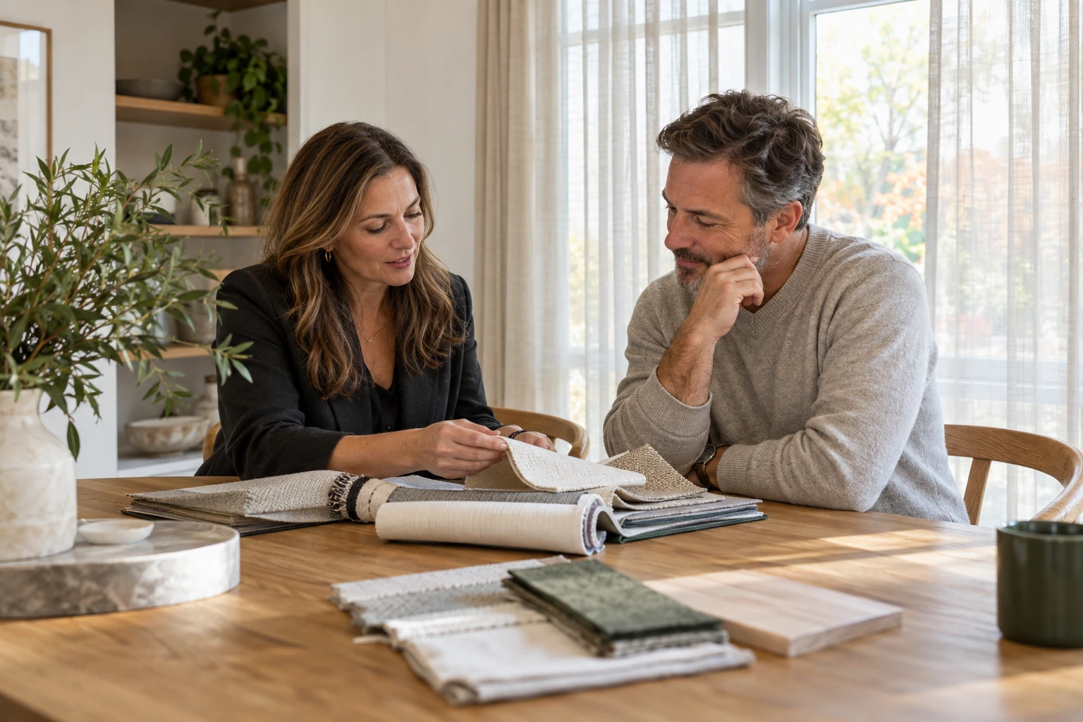 A relaxed consultation with a homeowner reviewing curtain fabric samples