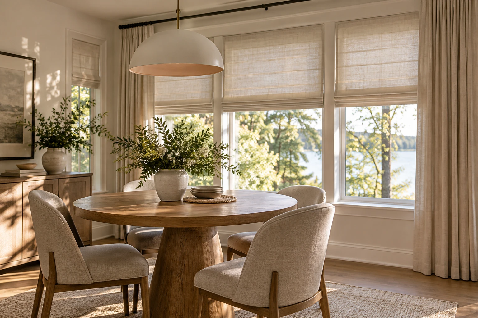 A welcoming dining space with made-to-measure Roman shades and soft curtains